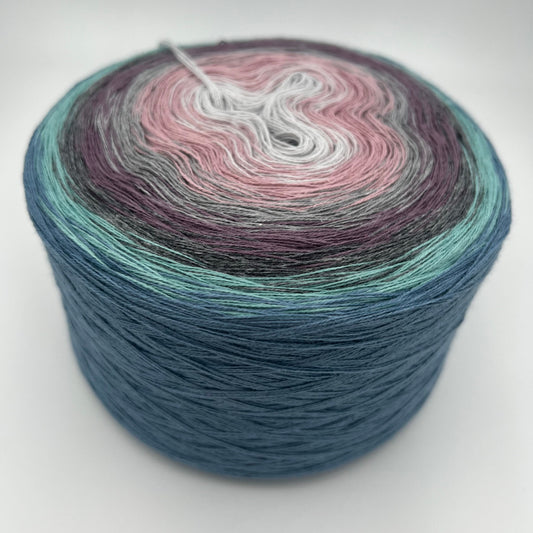 Farbverlauf Bobbel von innen nach aussen in den Farben Weis, Rose, Grau Lila, Grau, TÜrkis und Dunkelblau