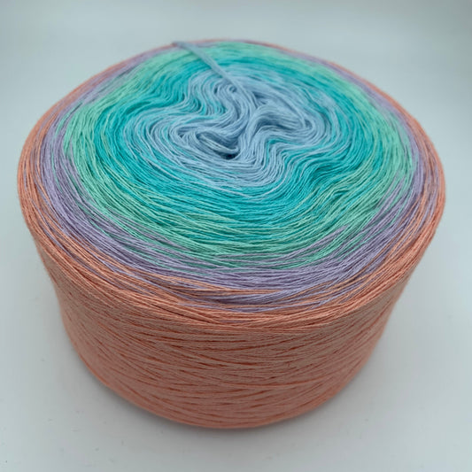 Farbverlauf Bobbel von innen nach aussen in Türkis und Grüntönen hin zu Lila und Orange