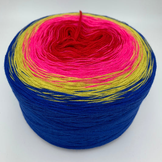 Bunter Farbverlauf Bobbel, von innen nach aussen Rot und Pink dann Gelb und Blau