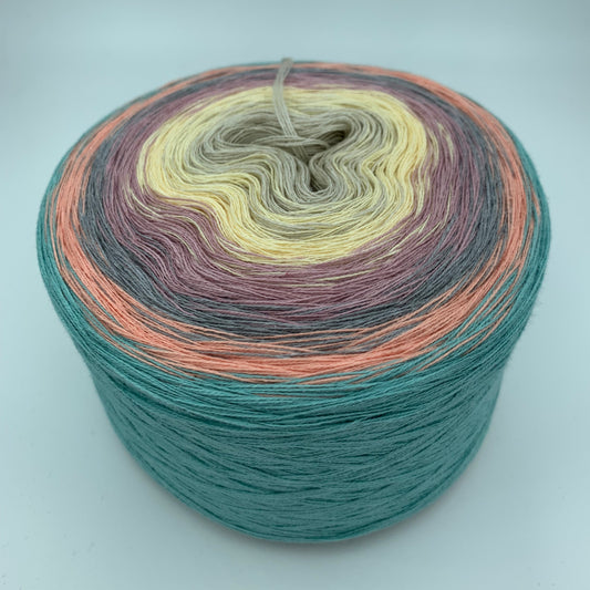 Farbverlauf Bobbel in gedeckten farben, dunkles Occer, Gelb, Lila, Grau Orange und Grün