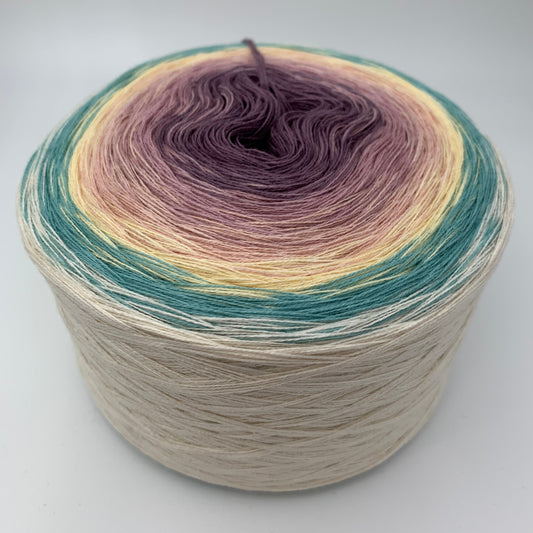 Farbverlauf Bobbel in gedeckten tönen von innen nach aussen Lila, Gelb, Grün und Creme