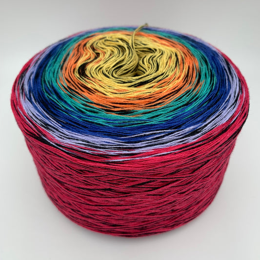 Farbverlauf Bobbel mit Schwarzem Beilauffaden von innen nach aussen in Gelb, Orange, Türkis, Blau und Rot