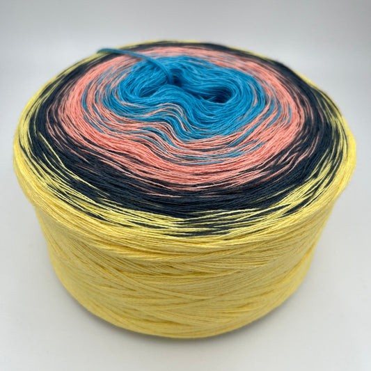 Farbverlauf Bobbel von innen nach aussen Türkis, Pfirsich, Dunkelgrün und Gelb