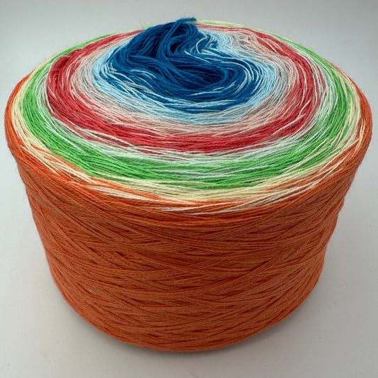 Farbverlauf Bobbel von innen nach aussen Blau, Hellblau, Creme, Rot, Hellgrau, Grün, Gelb und Orange