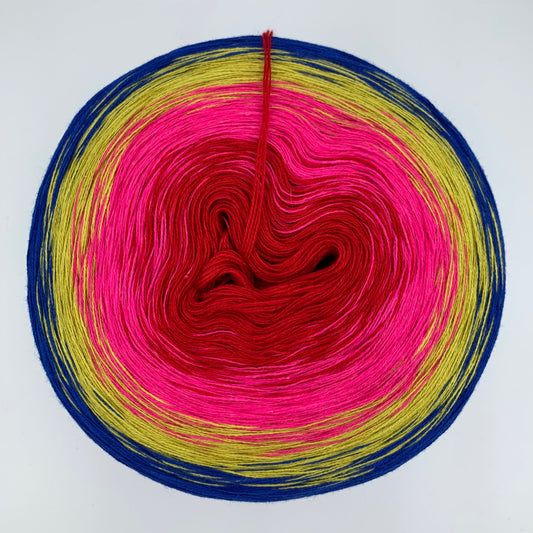 Bunter Farbverlauf Bobbel, von innen nach aussen Rot und Pink dann Gelb und Blau