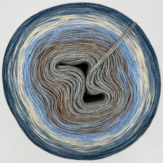Farbverlauf Bobbel von innen nach aussen Grau, Braun, Blau, Creme und Blautöne