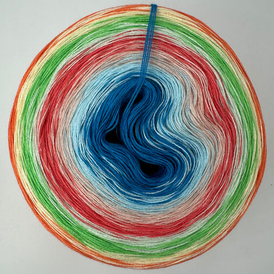 Farbverlauf Bobbel von innen nach aussen Blau, Hellblau, Creme, Rot, Hellgrau, Grün, Gelb und Orange
