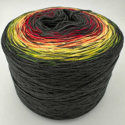 Farbverlauf Bobbel von innen nach aussen sehr dunkles Grau, Rot, Orange, Gelb Grün und nochmal das dunkle Grau