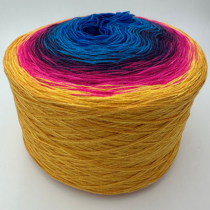 Farbverlauf Bobbel von inne nach aussen dunkelblau, Blau, Lila, Pink und Curry